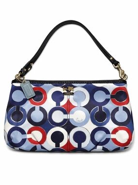 Coach Op Art Print Wristlet Pouch Blue Red White Patent Trim NWOT Y2K